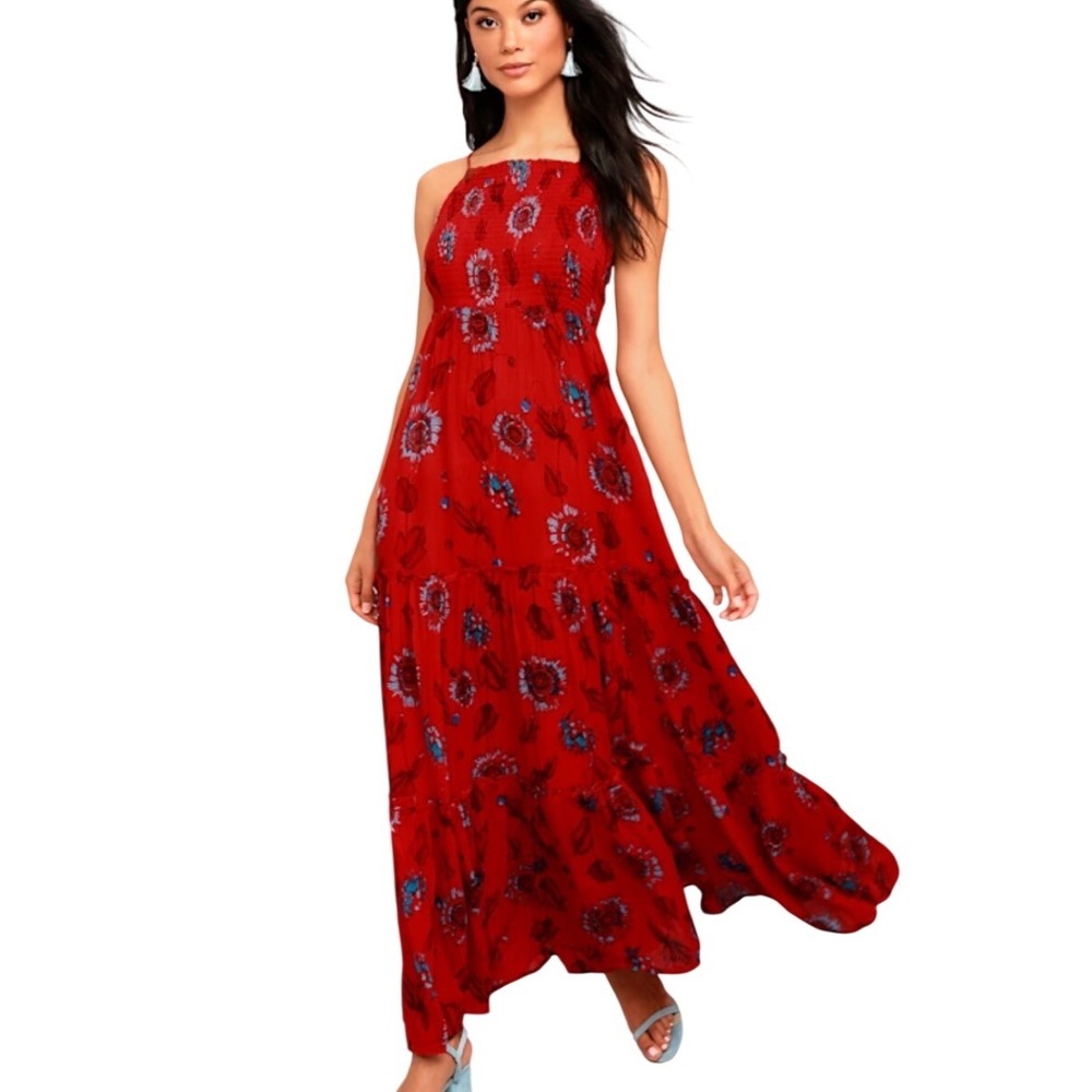 Free People Garden Party Maxi Dress Women XS Red Floral Smocked Tiered Boho
